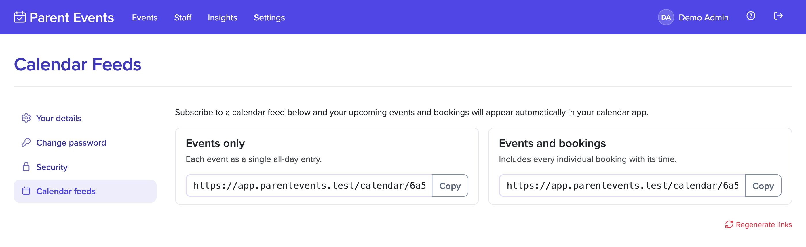Calendar feed links