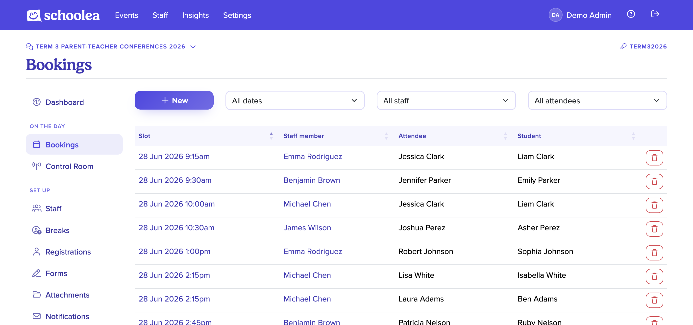 List of bookings