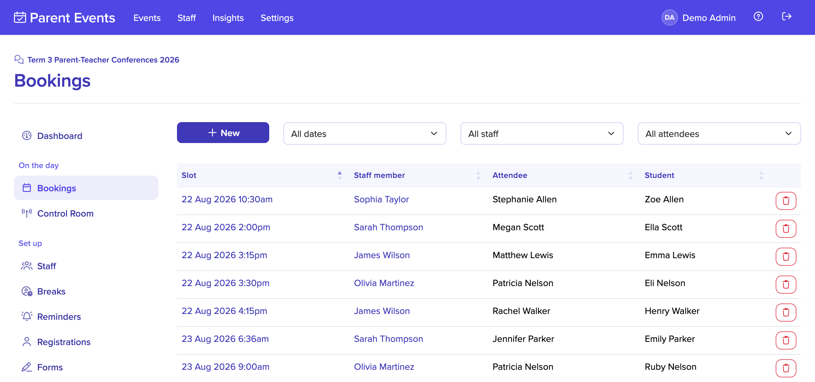 List of bookings