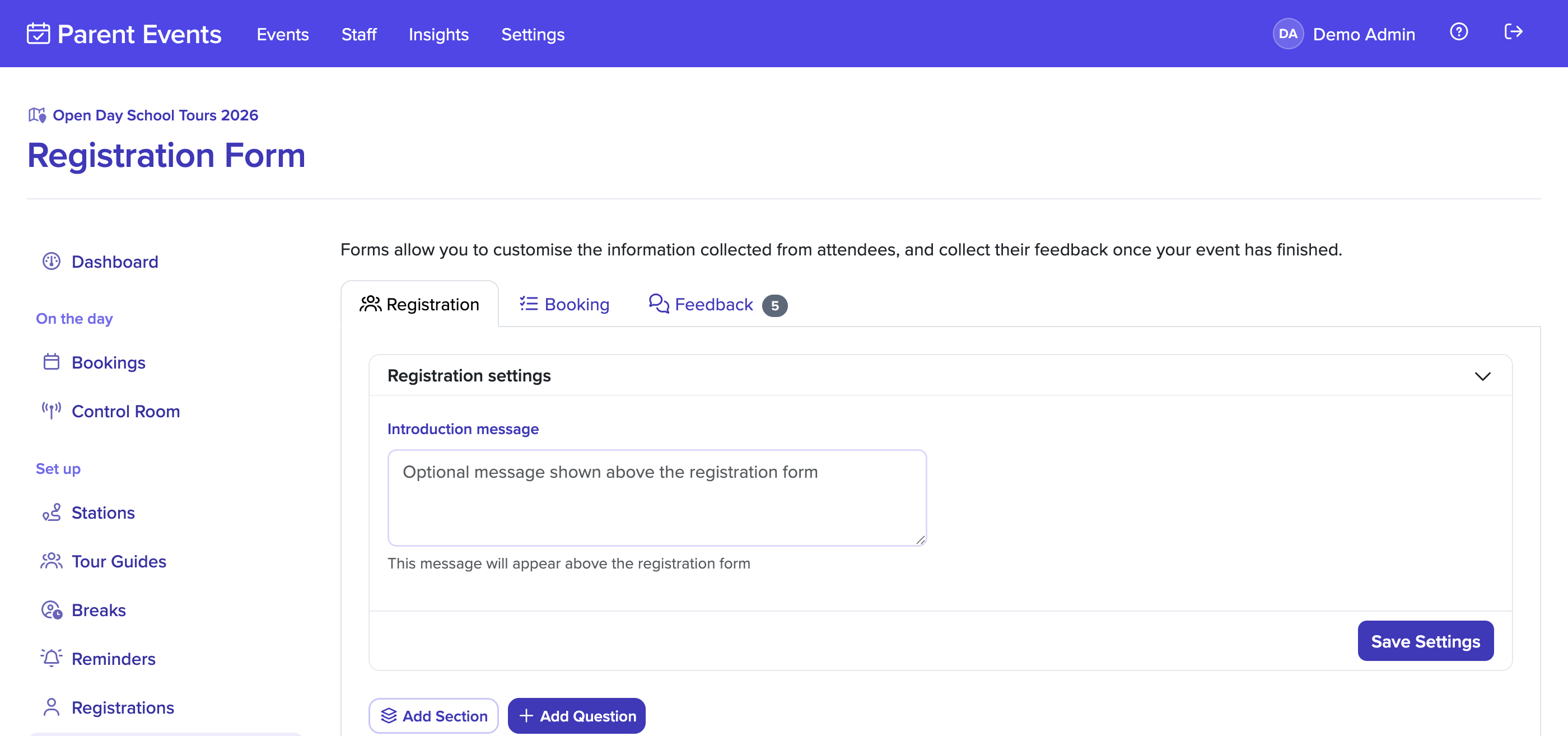 Setting up a form for an event
