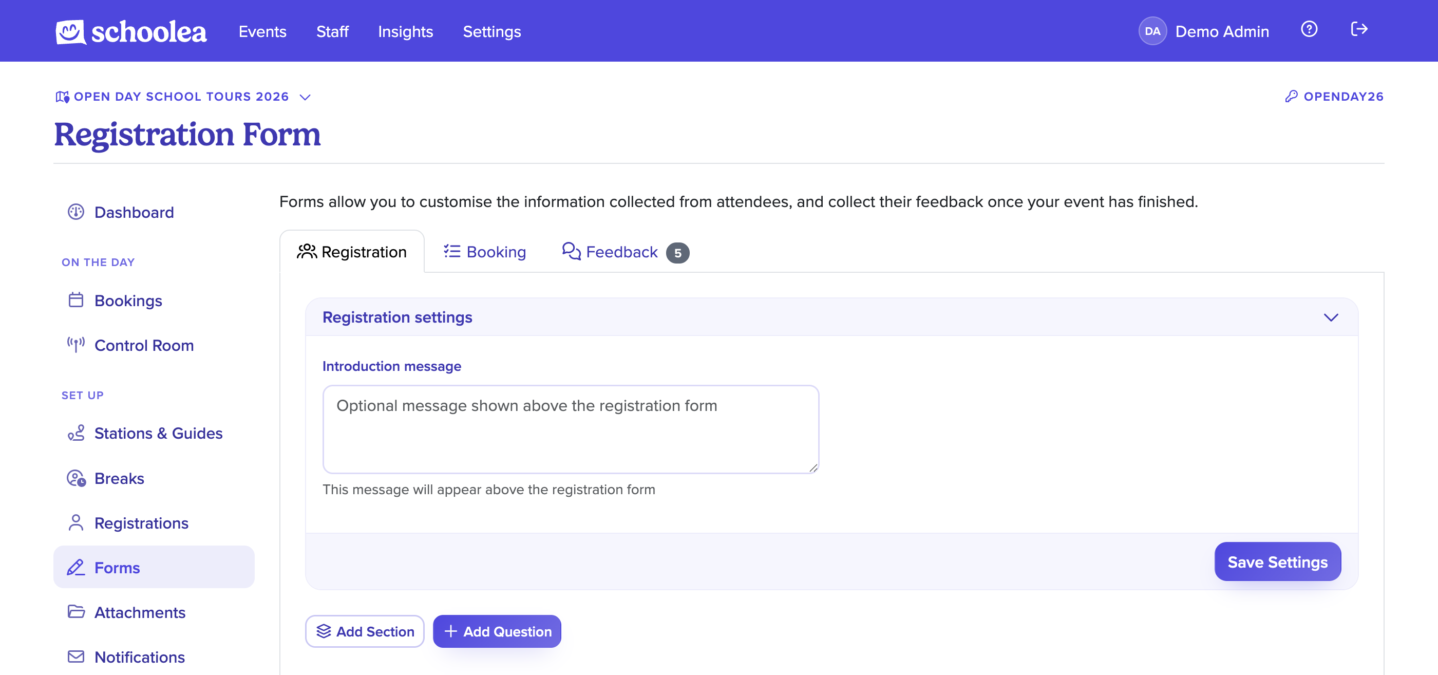 Setting up a form for an event