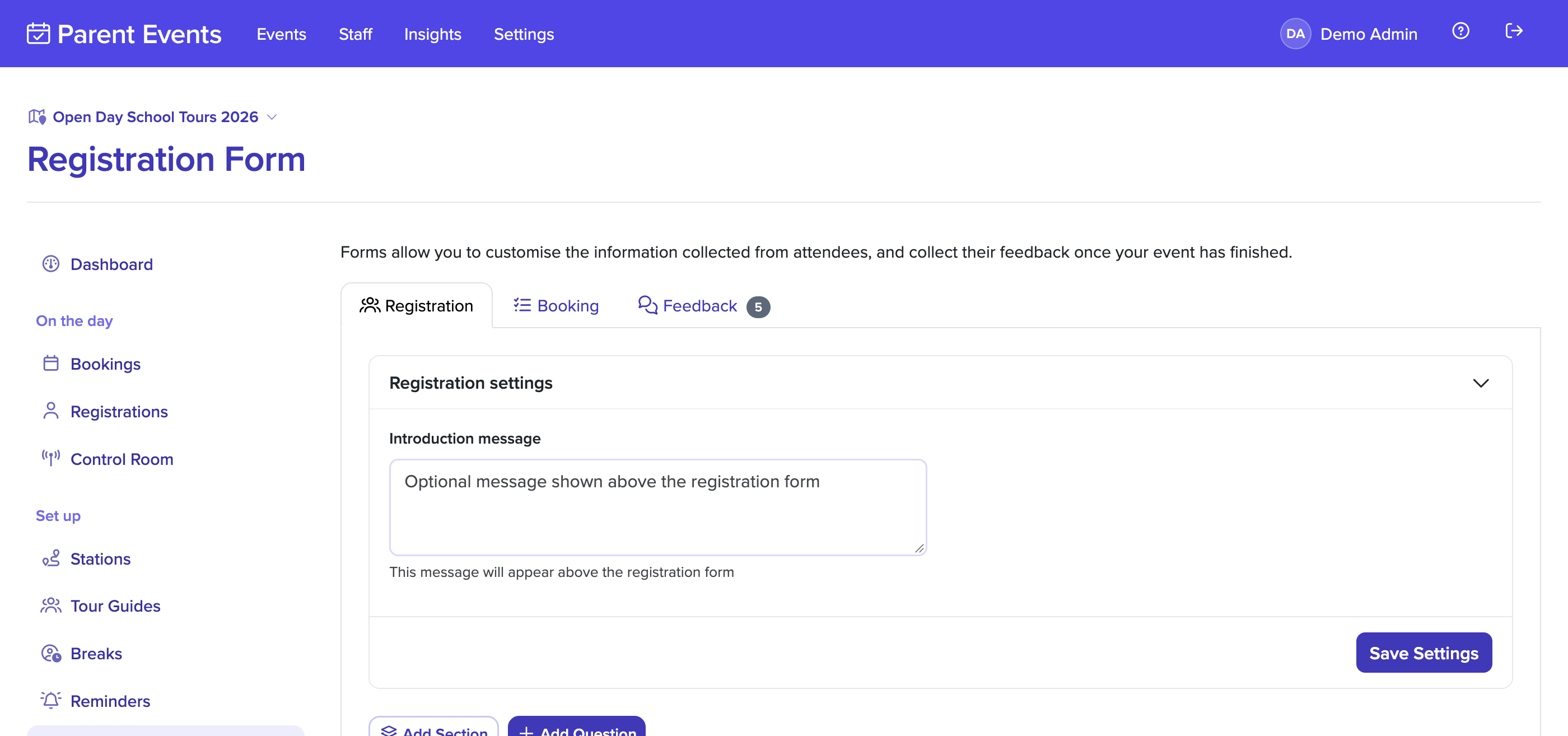 Setting up a form for an event