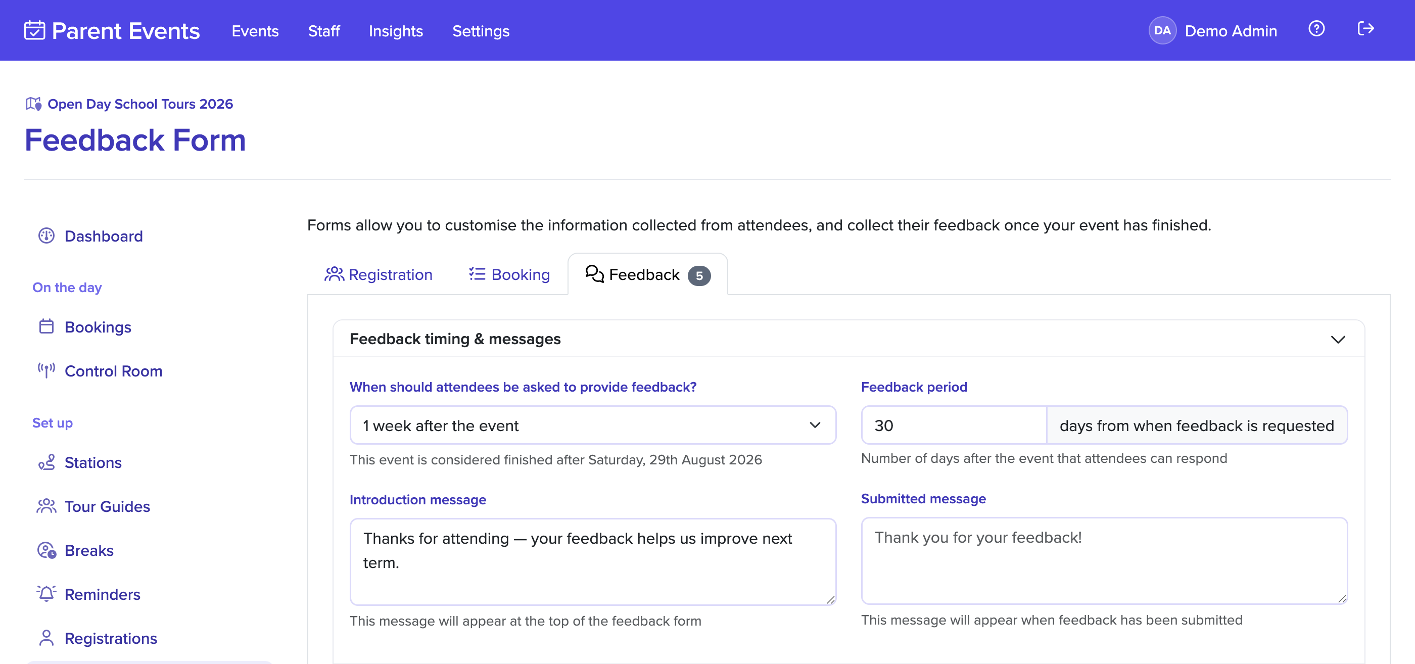 Setting up a feedback form for an event