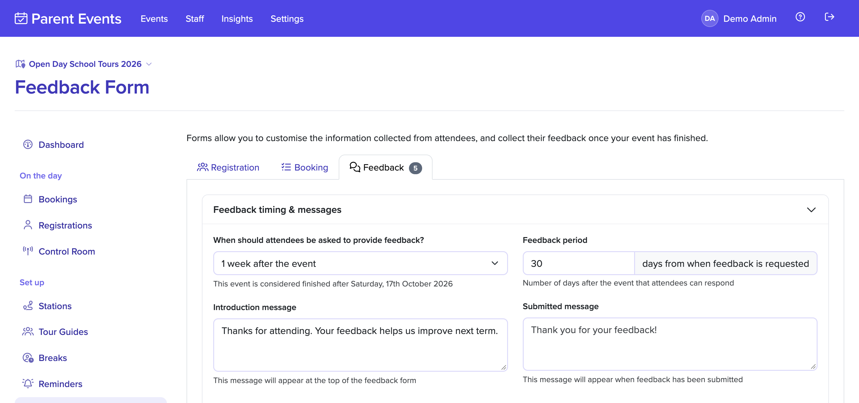 Setting up a feedback form for an event