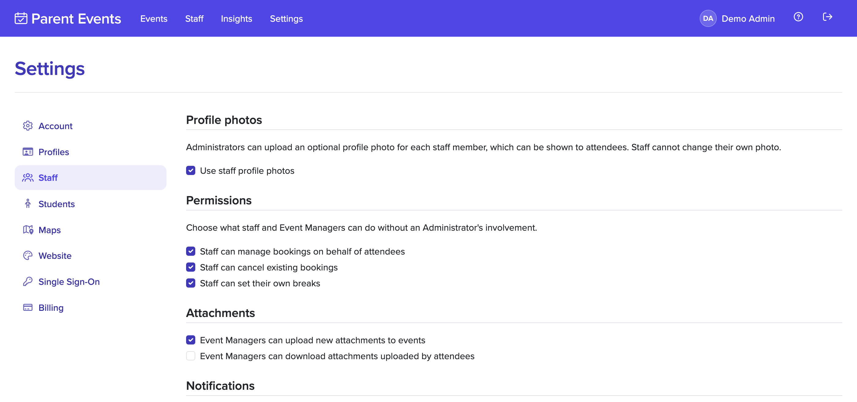 Staff settings